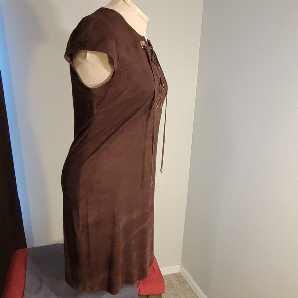 SANDRA DARREN WOMENS BROWN SHORT SLEEVE VEGAN VELVET LACE NECK DRESS - Picture 2 of 13